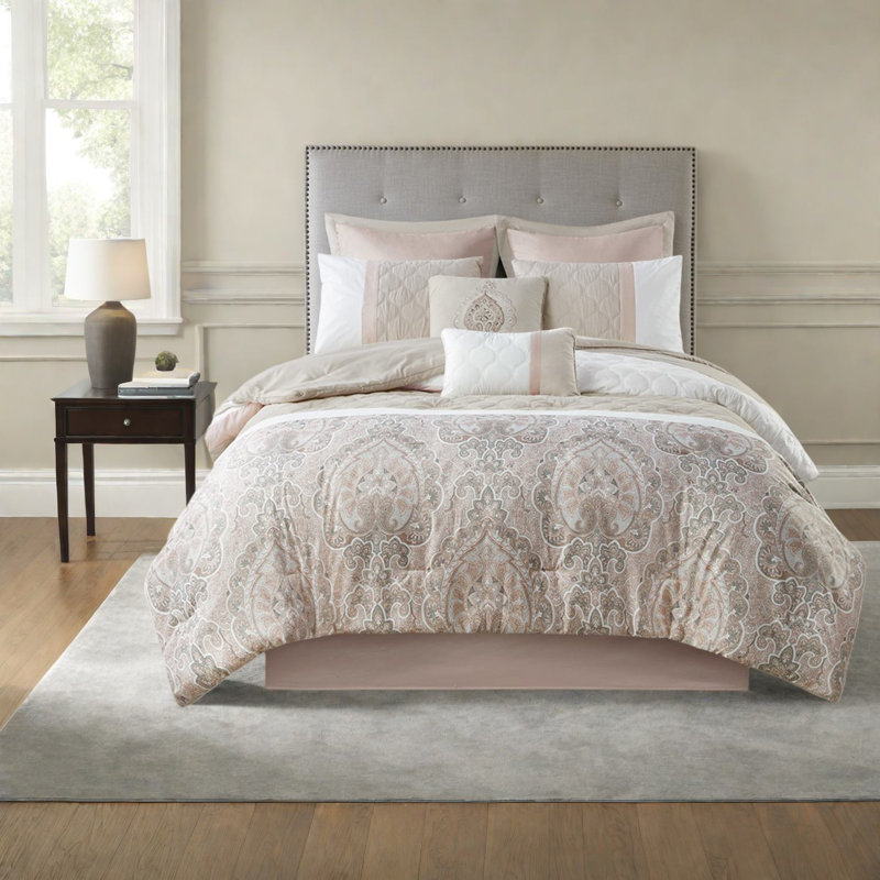 Luxurious 8 Piece Bedding Sets, Hypoallergenic Polyester, Transitional Blush Design For Home Comfort
