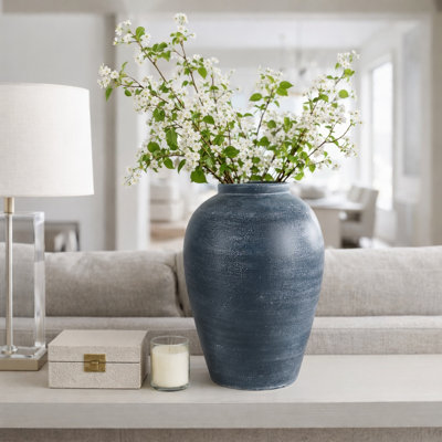 Textured Terracotta Vase With Distressed Finish For Home Decor - Tall Flower Vase For Entryway Table, Shelf Decor, Or Floor Accent - Blue