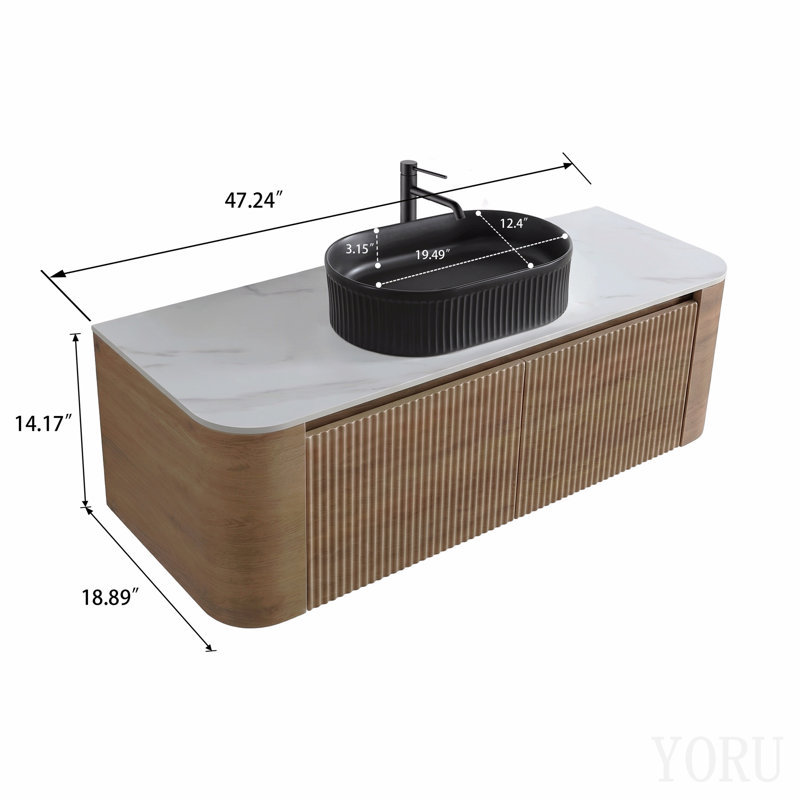 Meuble-lavabo de 48 po avec lavabo, armoire murale en chêne miel avec porte-serviettes gratuit, lavabo simple en céramique à rayures ovales noires, sans bonde ni robinet, pré-assemblé