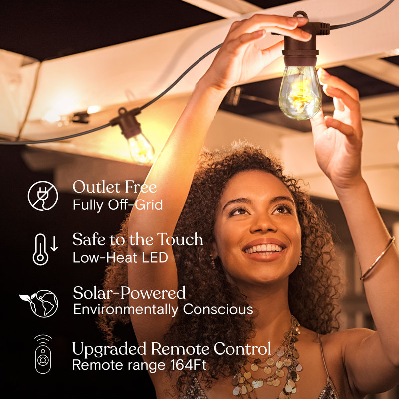 Ambience Pro 48 ft. Solar Outdoor Patio LED String Lights with 15 Spiral Filament Edison Bulbs, Remote Control, Weatherproof