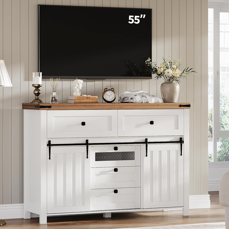 Farmhouse Wood Buffet Cabinet with Sliding Barn Doors, 5 Drawers & Adjustable Shelves – Sideboard Storage Table for Living Room & Dining Room