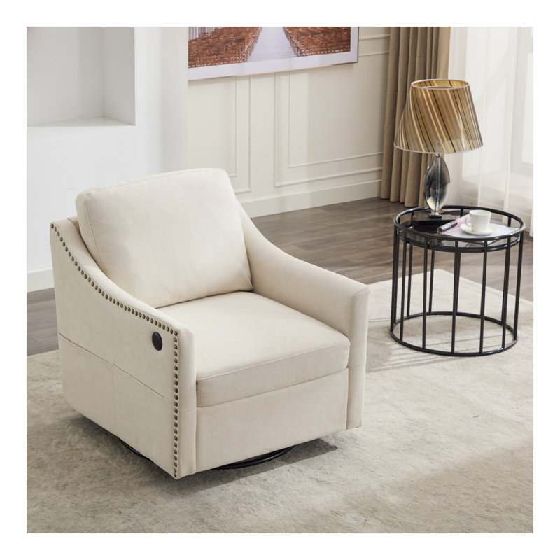 Fauteuil d'appoint rotatif en tissu avec USB et livre pour le salon et la chambre à coucher, Crème / blanc