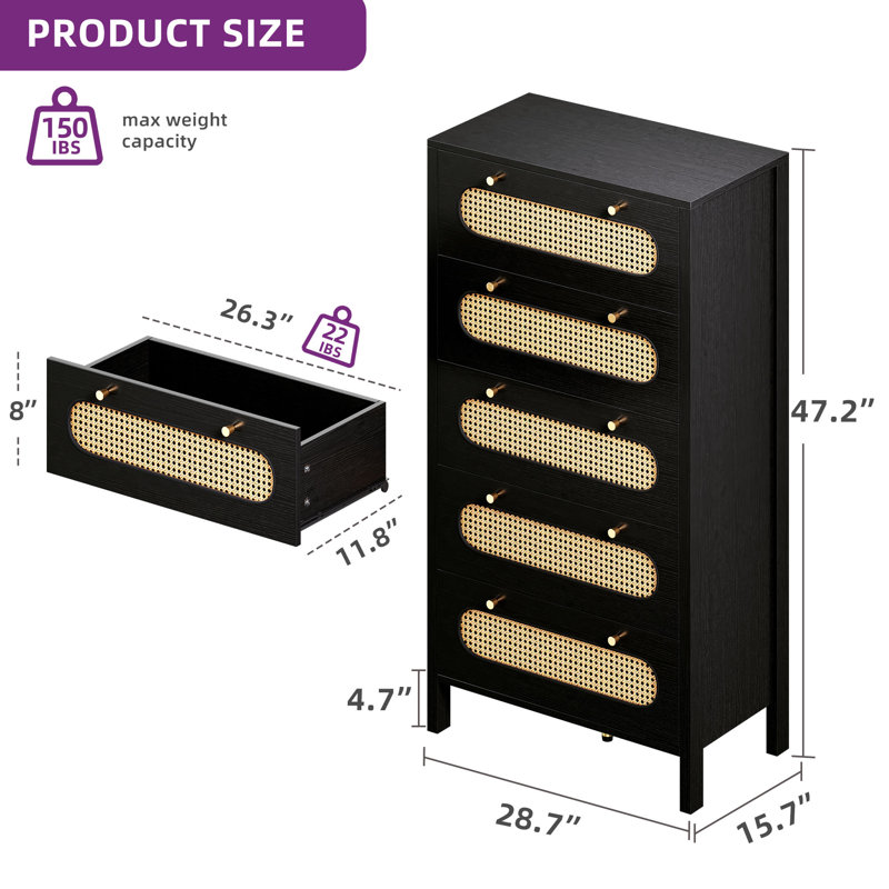 Ayishah 28.7'' W 5 - Drawer Dresser, Black