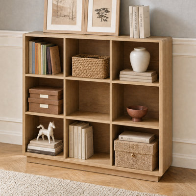 Bibliothèque Abrianna de style ferme moderne, 2 niveaux, 8 cubes, 145 cm (57,1 po), coins arrondis et base renforcée.