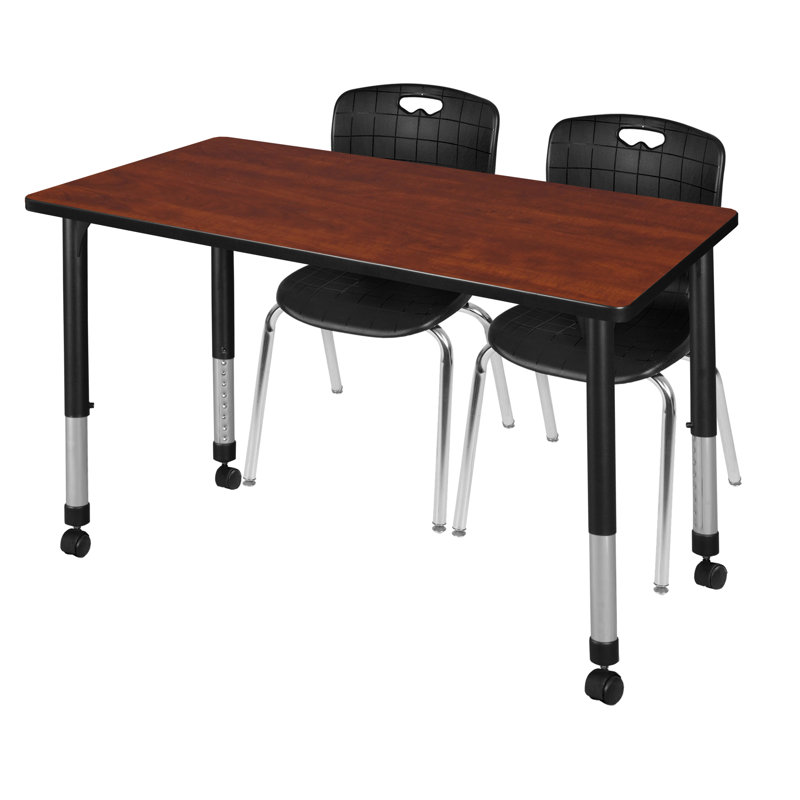 Regency Kee Mobile Adjustable Classroom Table & 2 Andy 18 in. Stack Chairs, 34" H x 48" L x 24" W, Cherry/Chrome/Black