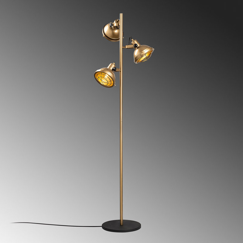 Lampe sur pied industrielle, structure en métal doré, 14,6 po x 14,6 po x 63,8 po | Plaque de base: 11,8 x 0,8 po | 3 x douilles E14 (40 W maximum), interrupteur marche / arrêt sur le câble | Éclairage élégant pour la décoration de maison et de bureau, classé IP20