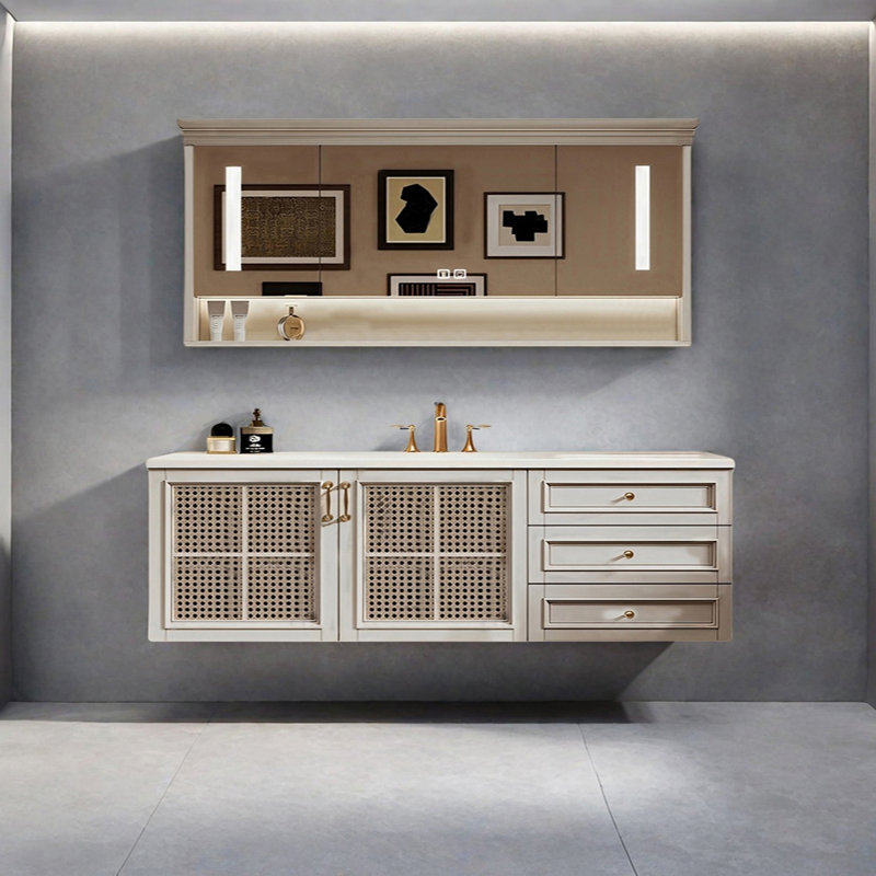 Armoire de salle de bain en rotin de style rétro, H 21,65 po x l 62,99 po x P 21,65 po