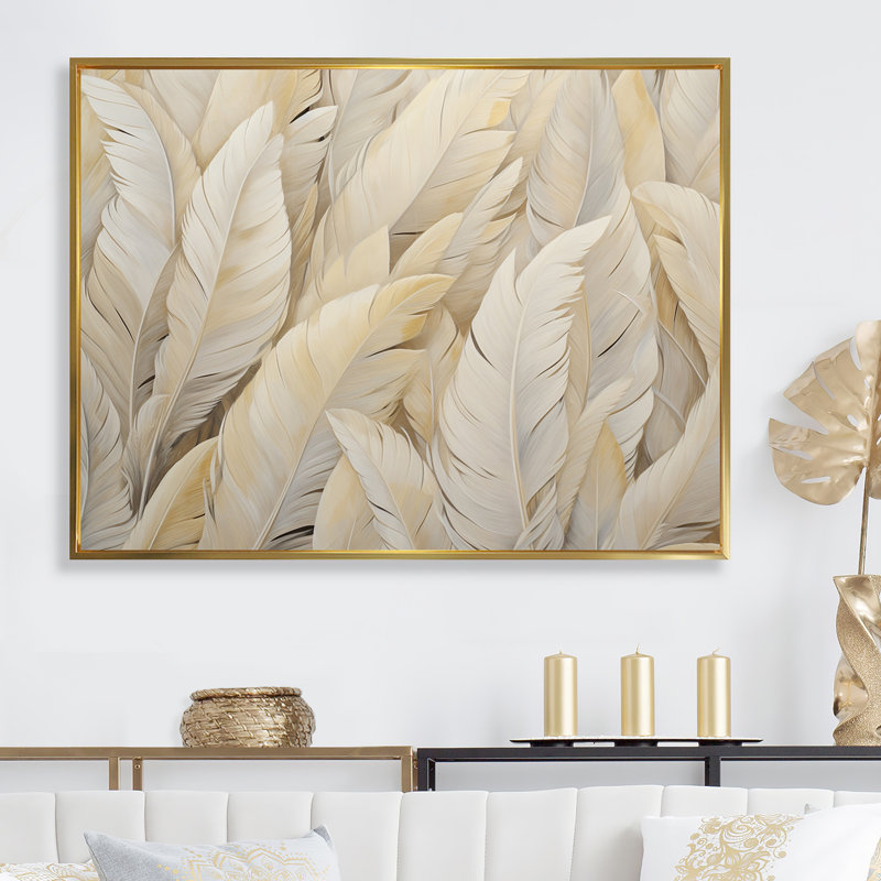 Feathery Plumes IV - Feathers Wall Art Living Room, Cadre flottant doré, H 34 po x l 44 po x P 1,5 po
