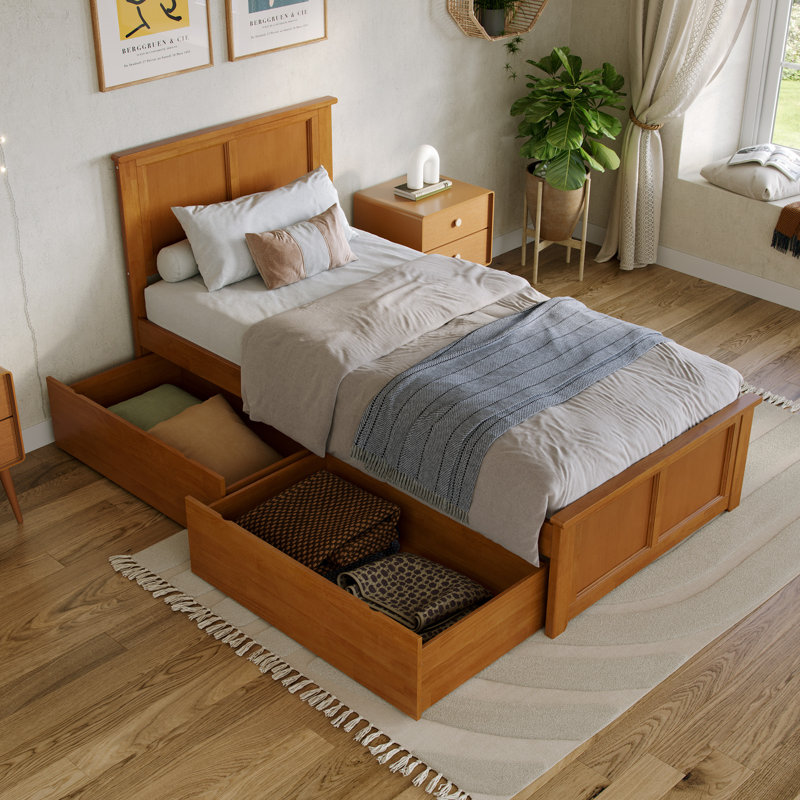 Madison Solid Wood Platform Bed with Matching Footboard & Storage Drawers , Light Toffee  , Extra-long Twin