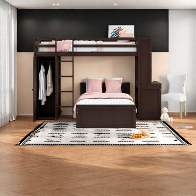 Lit mezzanine simple peu encombrant, finition espresso en bois massif pour une vie familiale moderne