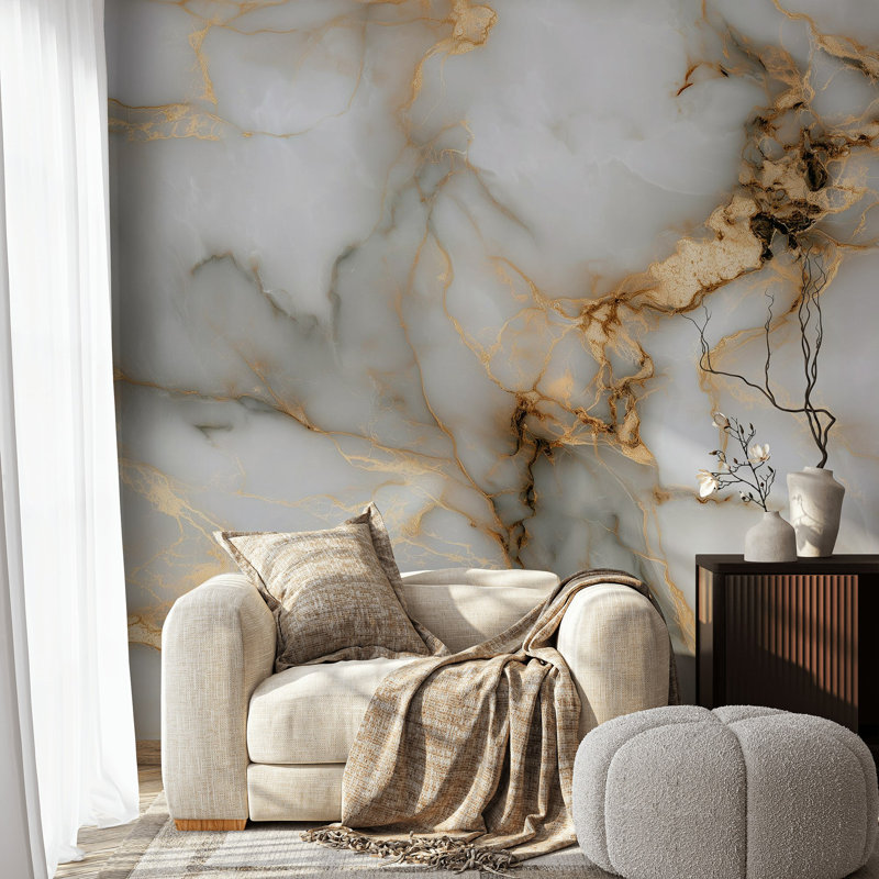 White Marble Gold Vein Modern Wallpaper, 75" L x 112" W