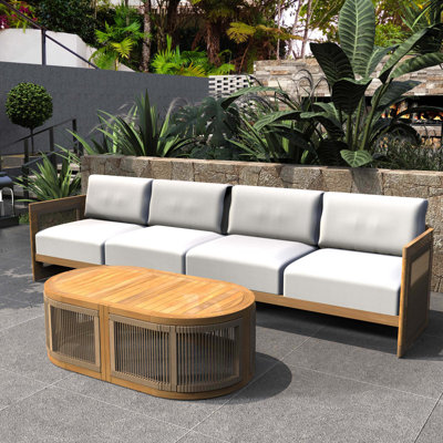 Canapé modulaire en acacia massif à 5 places en I avec accoudoirs et support latéral