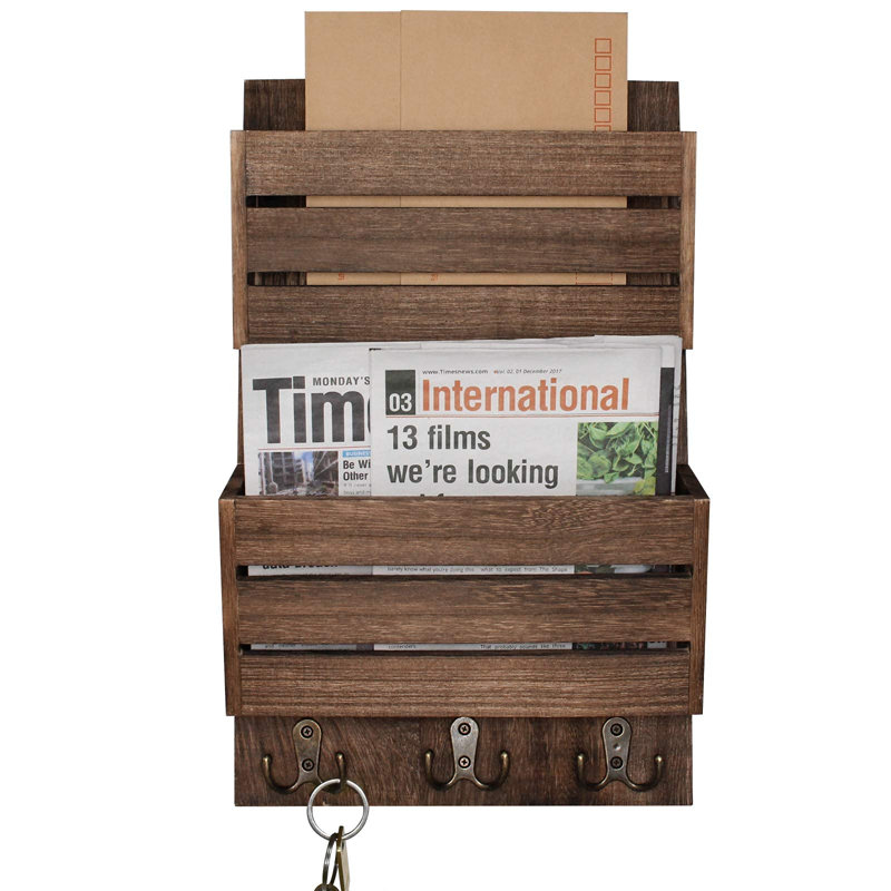 Mail Organizer With 4 Hooks, Wall Mount, Cedar Wood Key Holder, Brown