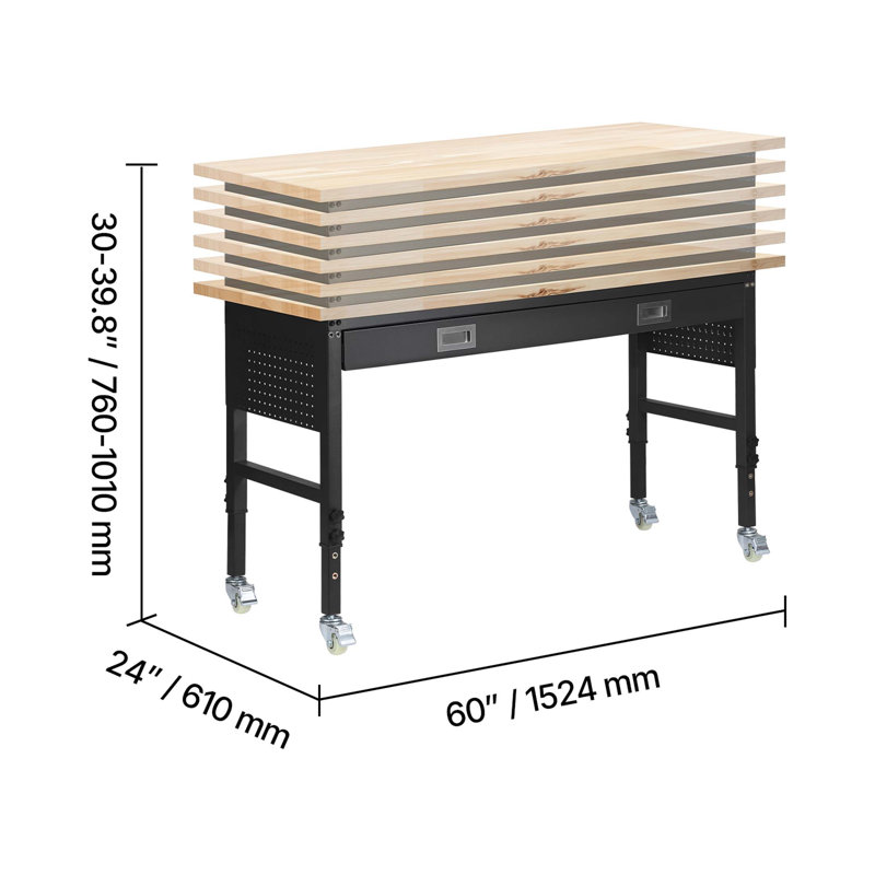 Établi réglable de 60 pouces avec capacité de charge de 1500 lb, tiroir, prise de courant, roues et panneau perforé pour le garage, l'atelier et la maison