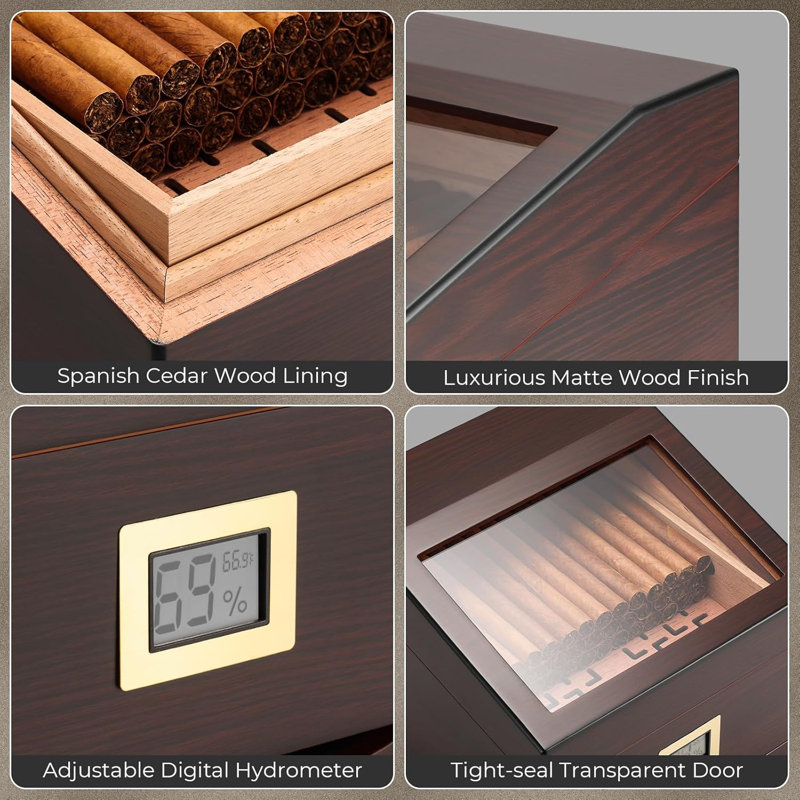 FT-2042 Cigar Humidor Box for 85 Counts, See-Through Design with Spanish Cedar Lining & Divider, Digital Hygrometer