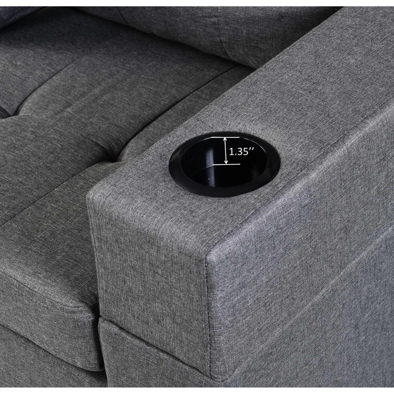 Meuble de salon modulaire avec méridienne en forme de L et porte-gobelet en tissu de lin gris