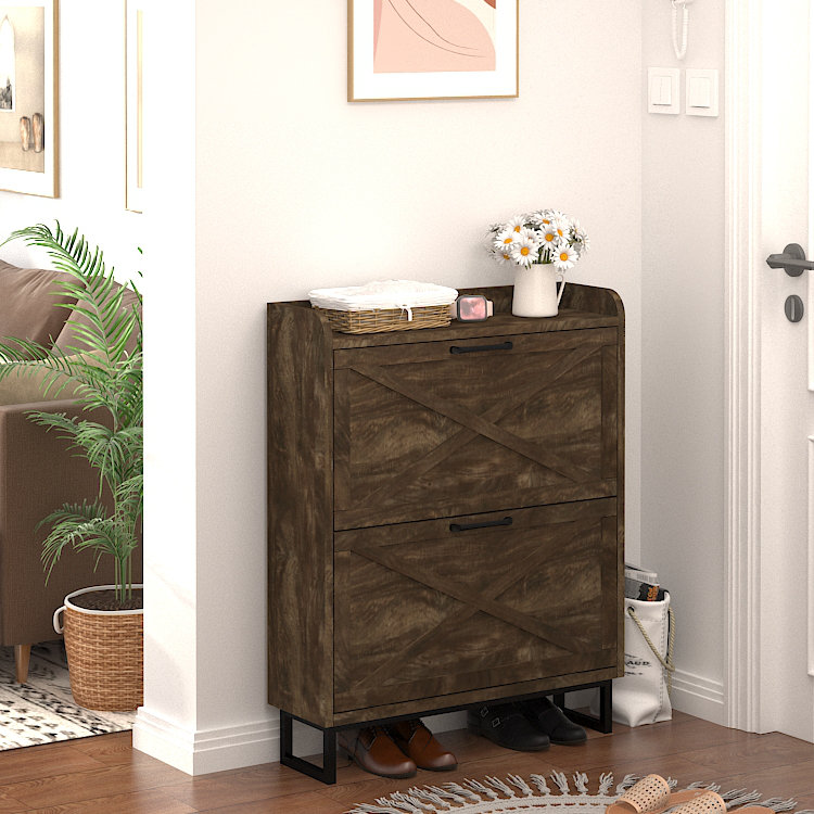 Armoire de rangement pour chaussures avec 2 tiroirs rabattables, organisateur autoportant avec pieds en métal