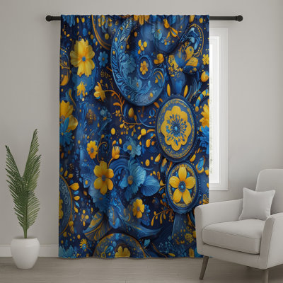 Blue Yellow Floral Motif Window Curtains, Floral Sheer & Blockout Curtains - 1 Panel