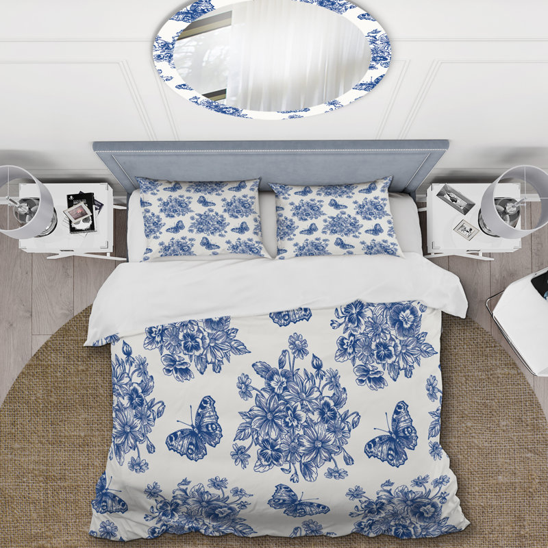 Fleurs bleues et papillons bleus I - Ensemble de housse de couette floral - Polyester microfibre