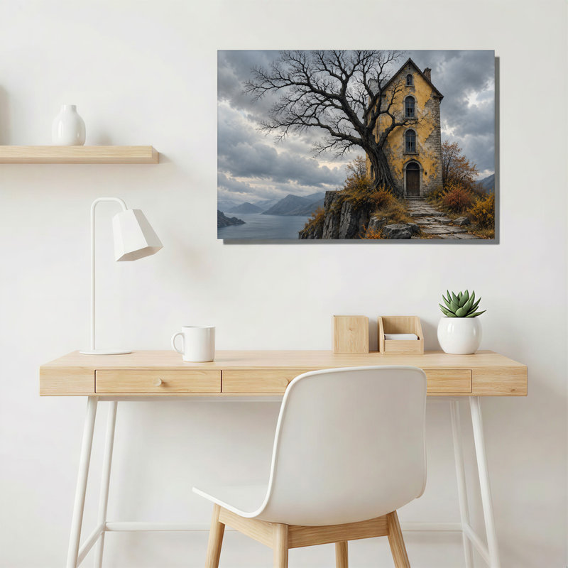 Maison jaune et arbre nu sur une falaise - Tableau sur toile, H 24 po x l 36 po