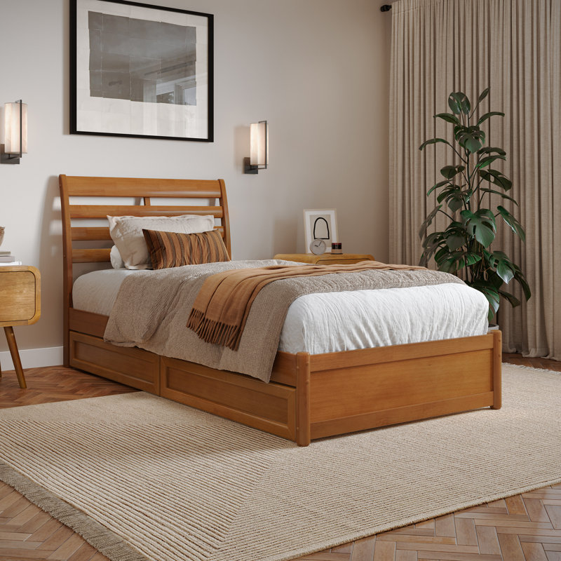 Lamareon Solid Wood Storage Platform Bed with Footboard & Under Bed Drawers, Twin XL, Light Toffee