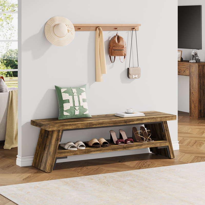 4 Pair Shoe Storage Bench With Lower Shelf, 47'' Front Entry Bench, Brown