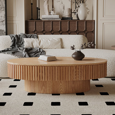 Table basse 47 po ovale avec rangement Table d'appoint moderne en placage de bois massif pour salon, chambre à coucher, appartement ou bureau, bois naturel