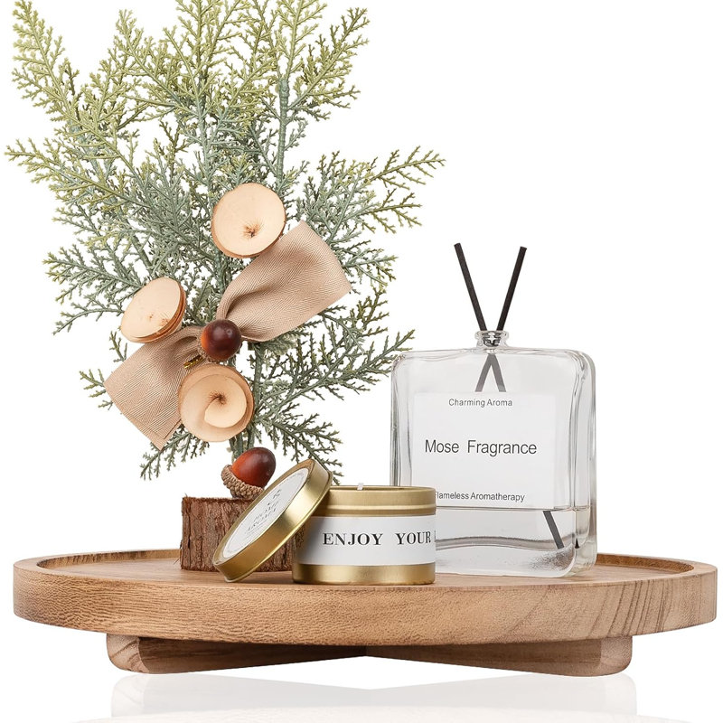 Round Wooden Tray For Bathroom And Kitchen - Handmade Farmhouse Decor Organizer With Water-Resistant Finish, Perfect For Soap, Perfume, Candles And Sponges