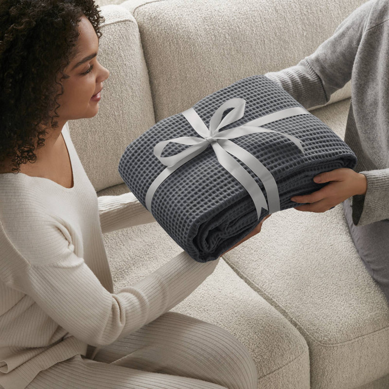 Couverture 100% coton Waffle Weave, Grand lit, Gris foncé