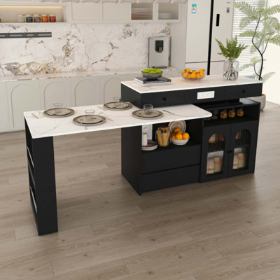 Ensemble d'îlot de cuisine avec 2 chaises en bois massif, table extensible et rotative, panneau de fibres à densité moyenne avec placage au design rétro, 4 tiroirs et armoires à portes en verre, poste de salle à manger extensible pour 2 à 4 personnes