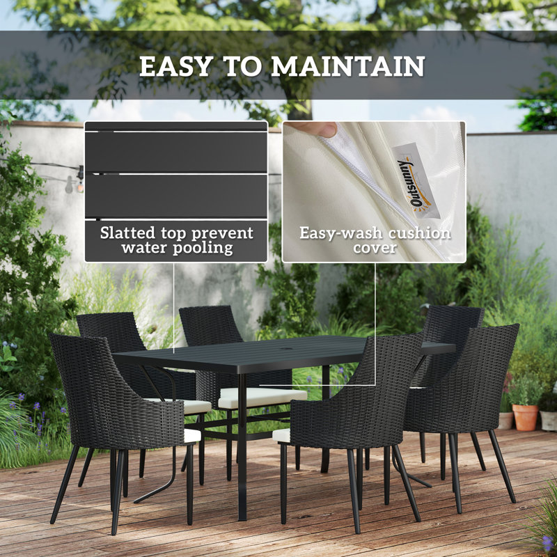 6 - Person Steel Patio Dining Set Umbrella Hole Included Rectangular Table with Cushions Included, Black