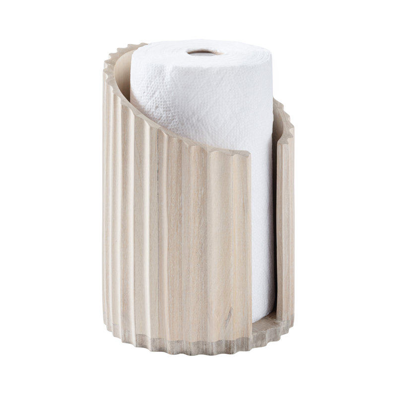 Wooden Paper Towel Holder with Fluted Design for Kitchen and Table Decor, Anti Skid Base, Eco Friendly Mango Wood & Metal Rod - Whitewash / Nickel