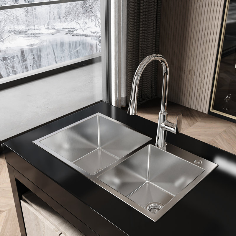 32"X19"X10" Double Bowl Sink, Stainless Steel Satin, Stain- Surface, Simple To Install Kitchen S304 Steel, Sound-Absorbing Pad, Versatile Basin Option