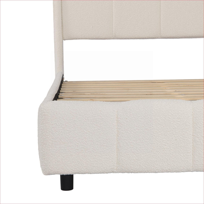 Curved Headboard Style Upholstered Platform Bed King Size No Box Spring Required Boucle Beige Finish