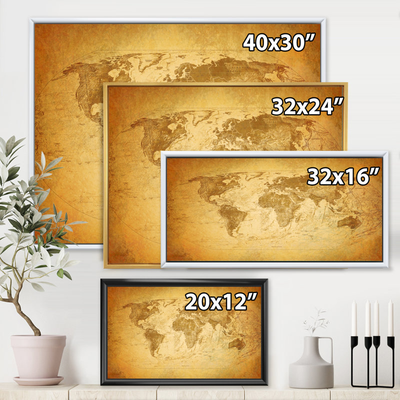 Ancienne carte du monde X - reproduction de cadre flottant sur toile, H 16 po x l 32 po x p 1 po, Blanc