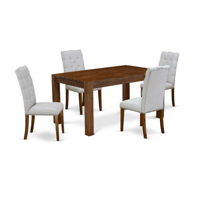 L'ensemble de mobilier de salle à manger 5 pièces comprend une table rectangulaire en bois rustique et 4 chaises Parsons en tissu gris, naturel