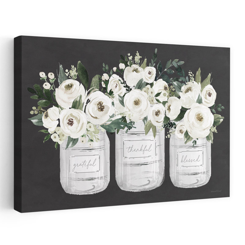«Thankful Flowers» - art contemporain de nature morte avec fleurs blanches, H 24 po x l 36 po