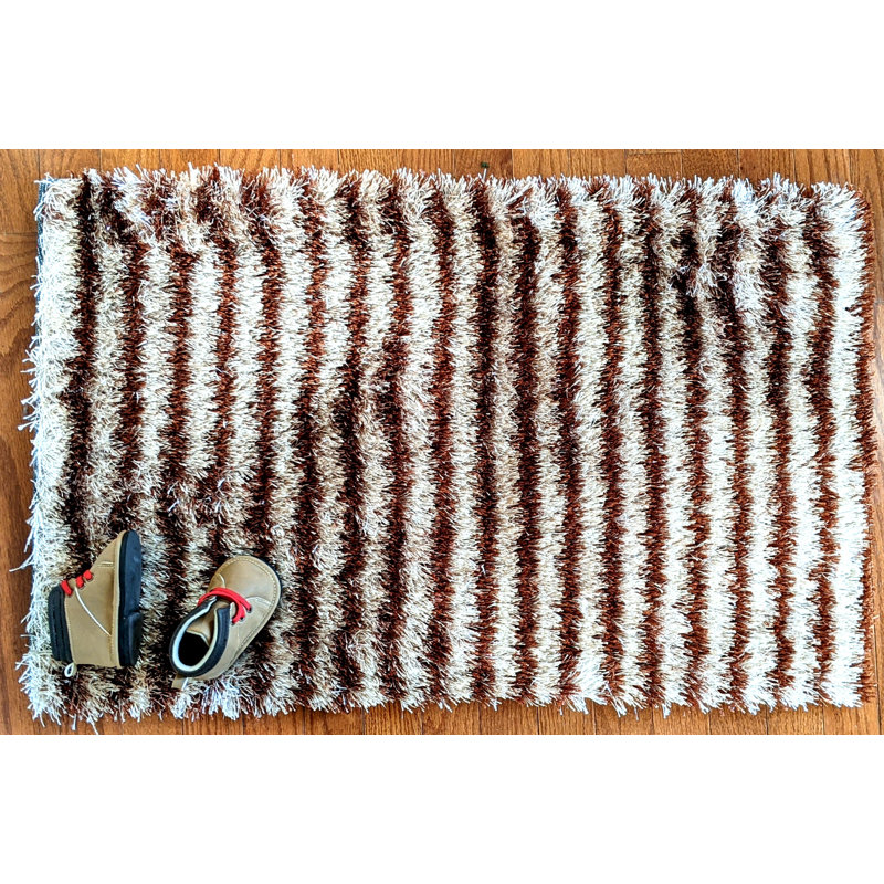 Tapis d'entrée à poils longs à rayures 32 po x 20 po Shaggy, Brun foncé / clair