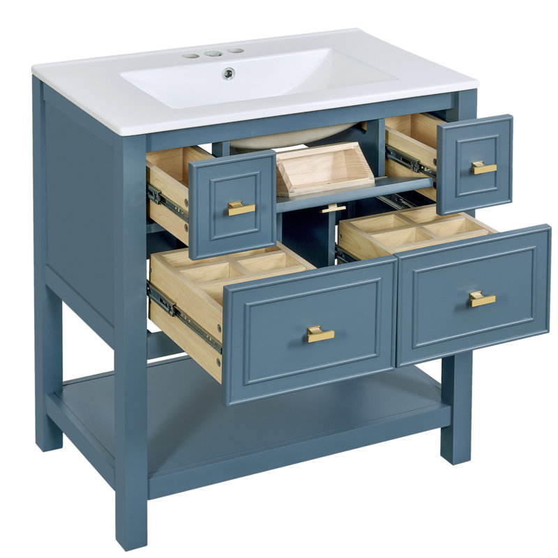 Meuble-lavabo de 30 po avec lavabo en céramique - aspect moderne bleu, évier de rangement en bois massif 5 tiroirs bleu, unité