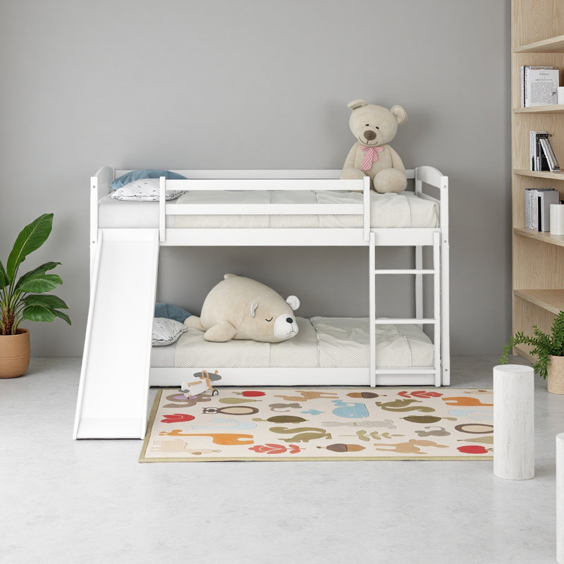 Lit superposé simple au-dessus d'un lit simple avec glissière convertible et échelle, Blanc