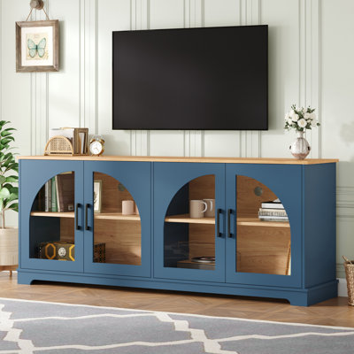 Farmhouse TV Stand with Semi-Arched Glass Doors For Tvs Up To 70", Elegant Two-Tone Media Console with Adjustable Shelves, Wood Grain Sideboard with Cable Management for Living Room