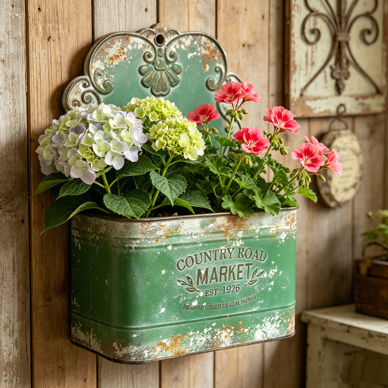 Pot à fleurs mural en métal pour l'extérieur, jardinières galvanisées, pot à fleurs mural pour ferme décor de jardin, Vert
