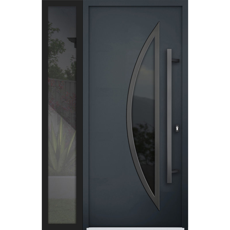 Porte avant en acier pré-suspendue à l'avant / deux 6501 anthracite / fenêtre extérieure latérale / insertions en acier inoxydable simples peintes de style moderne - l 36 + 14 po x H 80 po - Gauche