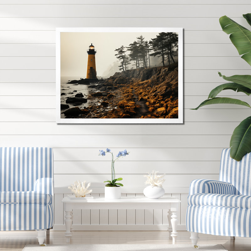 Coastal Sky Misty Horizon II - Art mural nautique et plage, salon, H 24 po x l 32 po x P 1 po, Cadre photo blanc