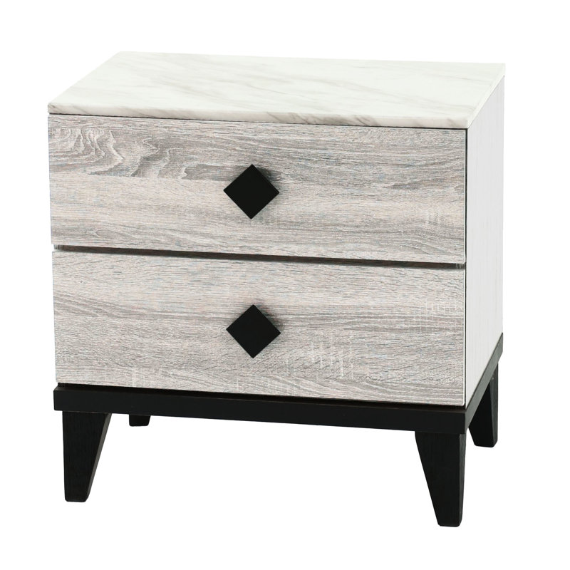 Table de chevet en faux marbre en chêne crème avec détails rustiques, 23 x 15 x 23 pouces