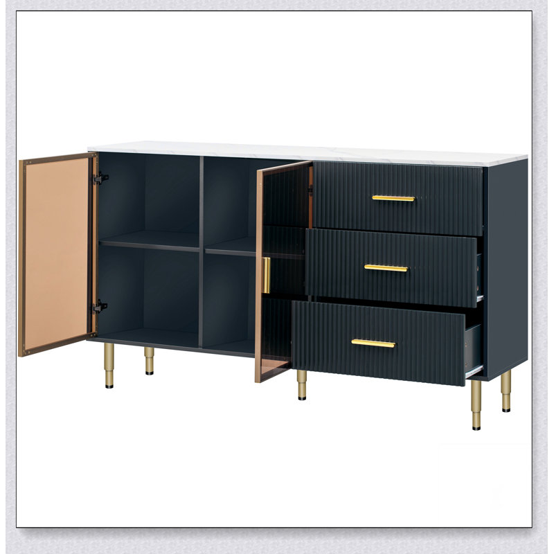 Modern Sideboard MDF Buffet Cabinet Marble Sticker Tabletop and Amber-yellow Tempered Glass Doors, Navy Blue