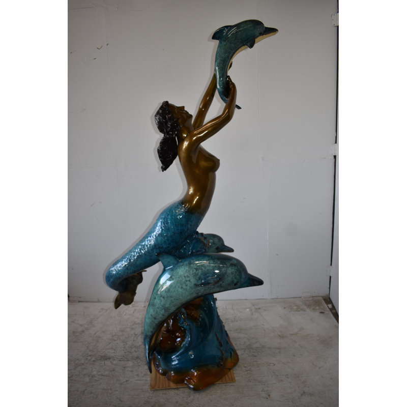Mermaid W Three Dolphins Fountain Enameled Bronze Statue Size: 34" X 41" X 83"H
