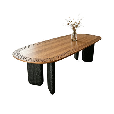Vintage Oval Solid Wood Dining Table with Black Carved Legs