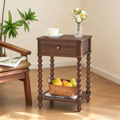 Small End Table with Storage for Living Room Wood Bedside Table with Spindle Wood Legs, Side Table with Drawer and Open Shelf for Bedroom, Office, Wal