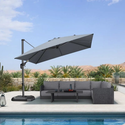 Murren 10" Square Cantilever Light Gray Umbrella Aluminum Offset with Base and 360-degree Rotation